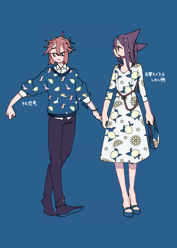 clip studio の素材で遊んだイラスト
恐竜柄のトレーナーとレモンのワンピース