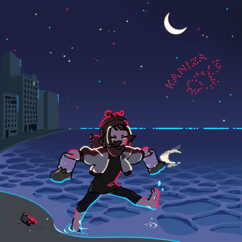 夜の海辺を歩く厚着の女の子のイラスト