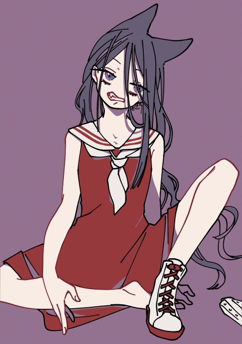 赤いセーラーワンピースを着て白い編み上げブーツを履いた鎌子のイラスト