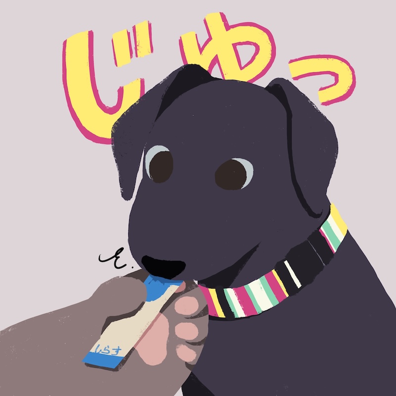流動食おやつに食いつく黒いラブラドールレトリーバーのイラスト